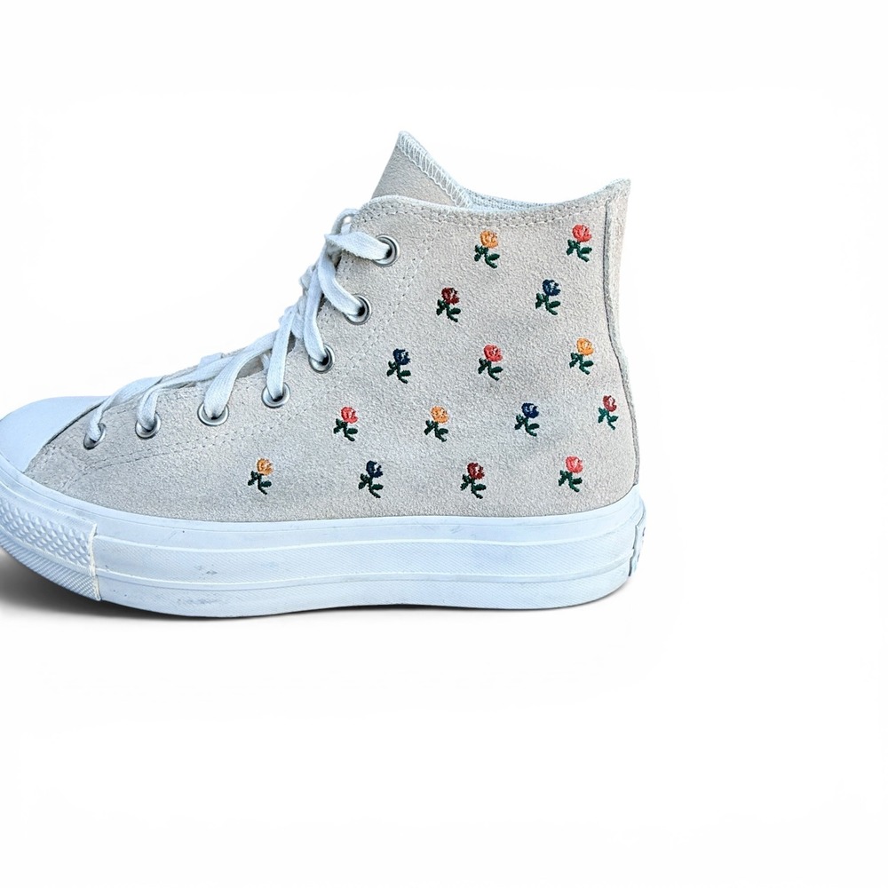 Converse Chuck Taylor All Star Lift Hi Platform Suede Floral Rose Sneakers Beige - Picture 7 of 16
